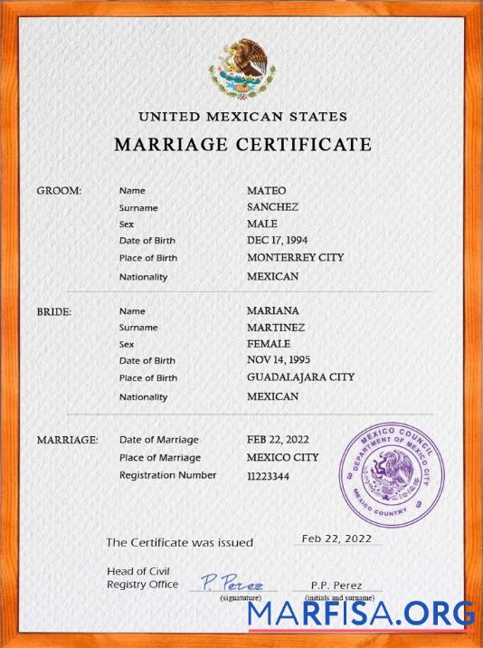 Realistic Mexico marriage certificate PSD template, fully editable